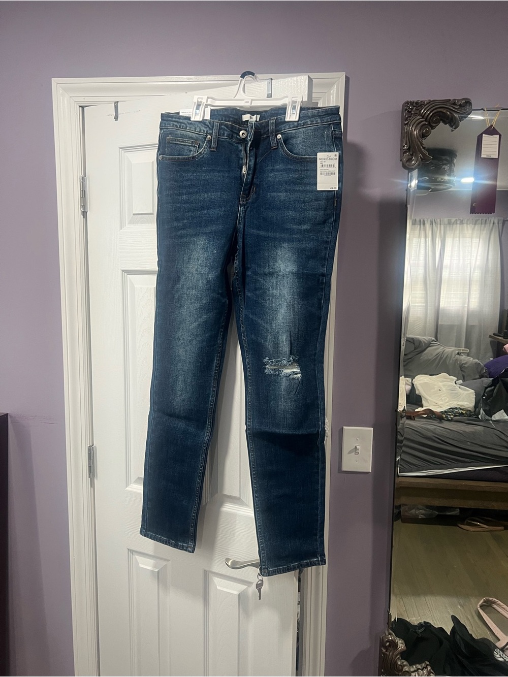 Nordstrom BP Mid Wash Knee Cut Jeans in Blue with Tan Stitching